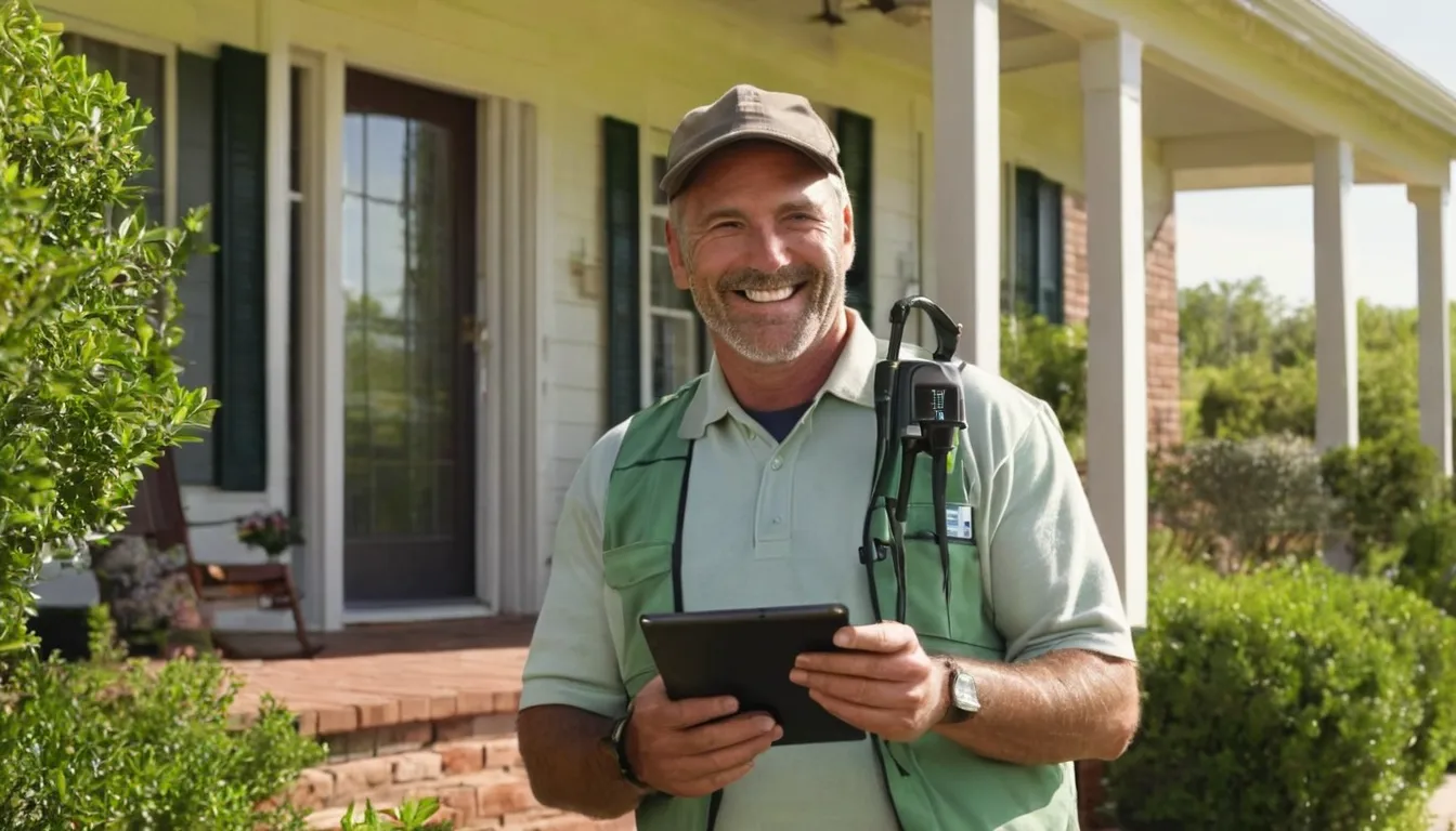 Friendly pest control provider talking with a homeowner at the front door of an older brick home in Cedar Park